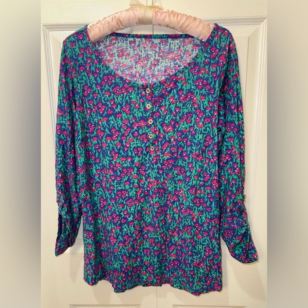Lilly Pulitzer Porter Henley Long Sleeve Women's Top Blue-Green Floral size XL